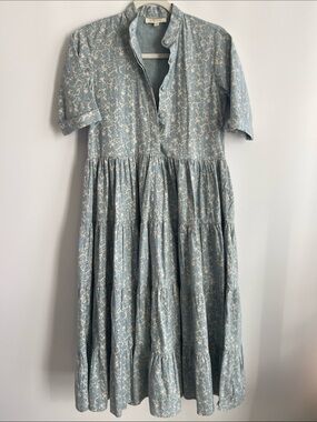 Parterre Blue Floral Block Print Tiered Shirtdress Short Sleeve Midi Size 00